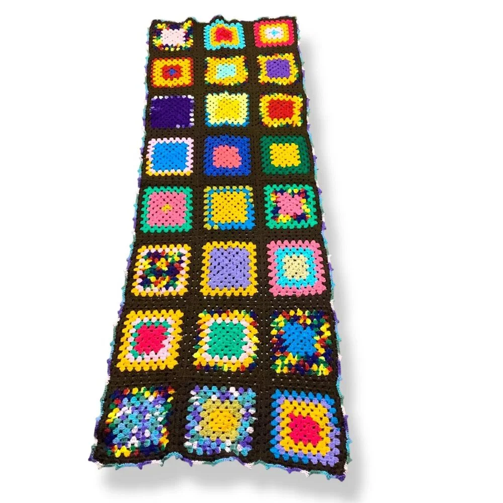 Handcrafted Colorful Crochet Granny Square Wrap Shawl Brown Base Boho Cottagecor